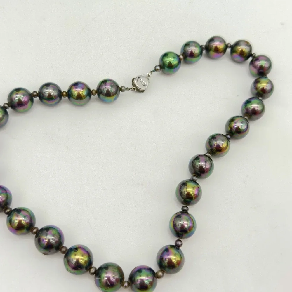 Vintage Peacock Faux Pearl Necklace 12.4 Mm Oilslick Sterling Silver Clasp 16